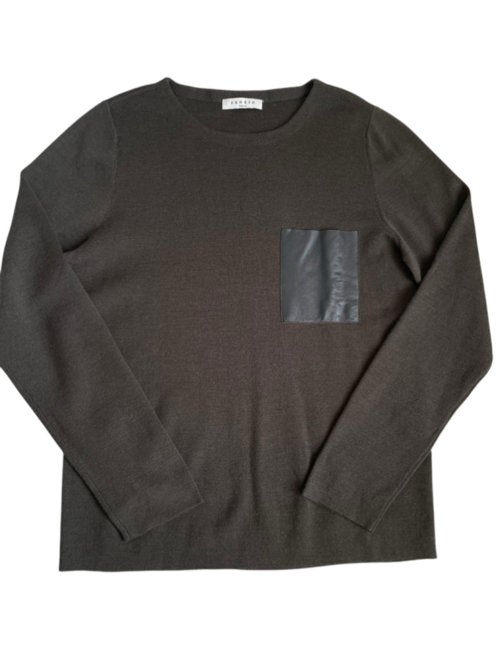 Sandro Sweater Men’s L Fits M Olive Gray Merino Wool Leather Patch